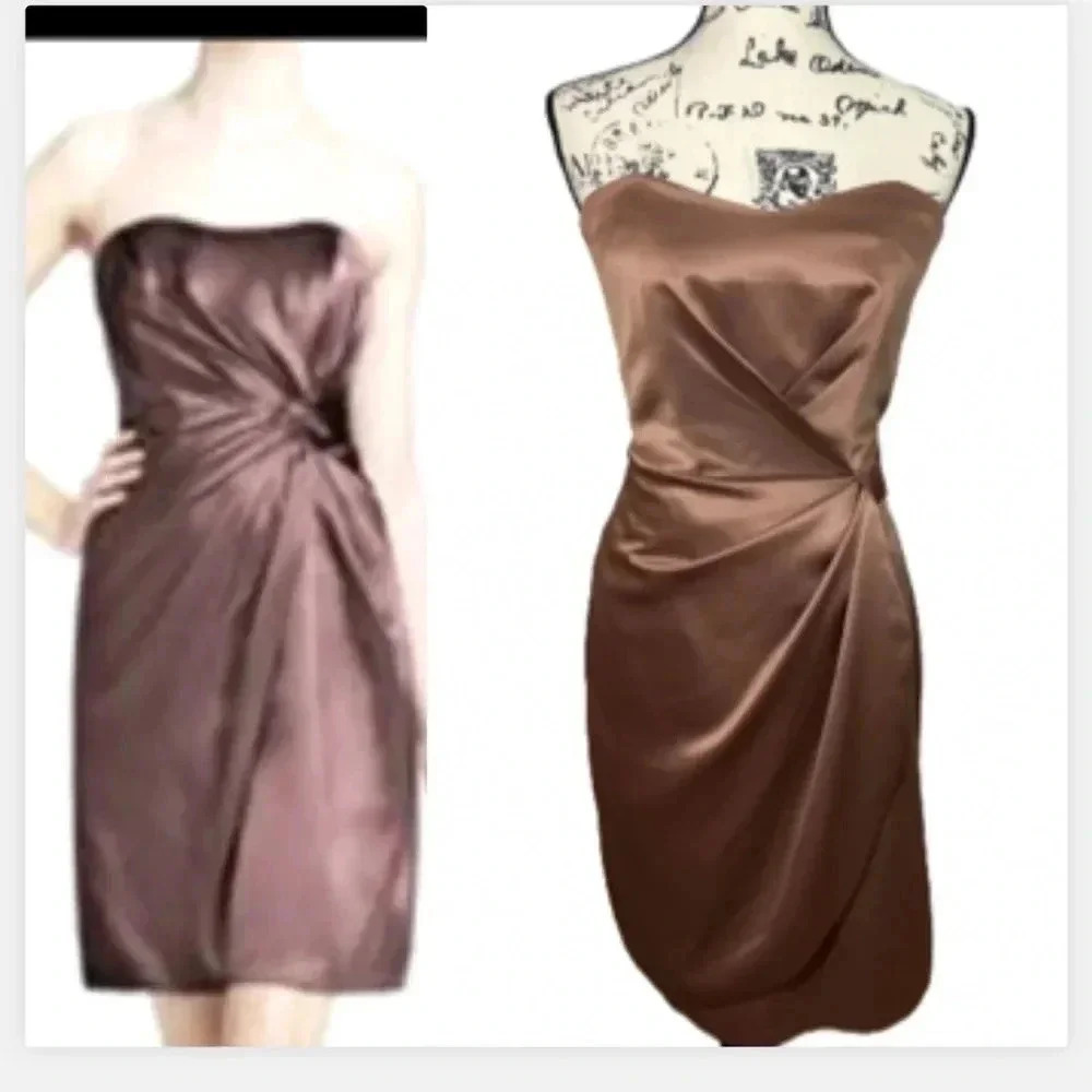 SOCIAL SEMI FORMAL BRIDESMAIDS DRESS BROWN STRAPLESS FAUX WRAP